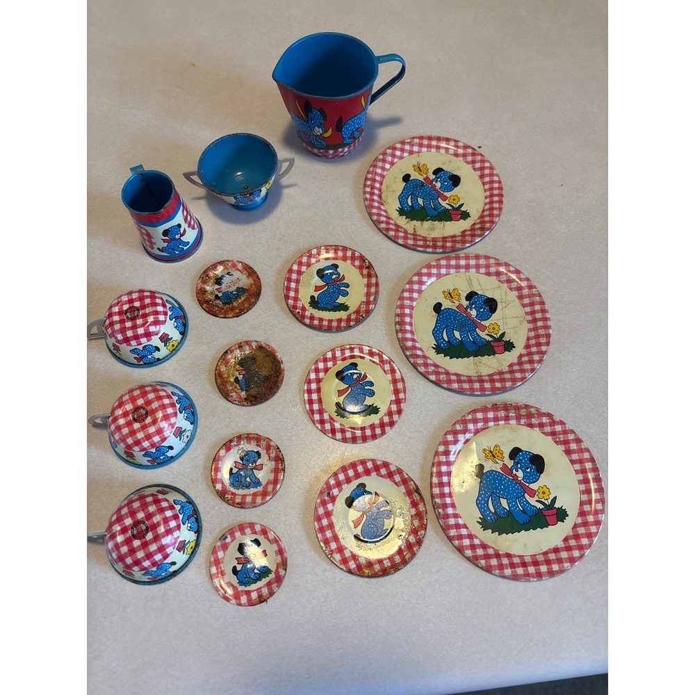 Vintage Tin Litho Toy Tea Set Blue Polka Dot Dog Red Gingham‎ Mid Century 15pc
